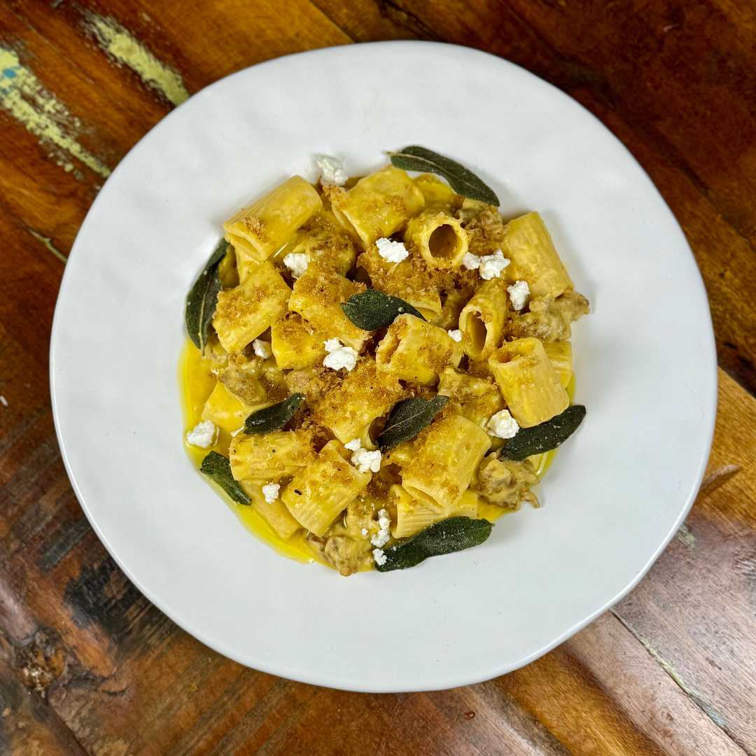 Creamy Butternut Squash, Sausage & Goat Cheese Pasta with Sage Brown Butter Pangrattato
