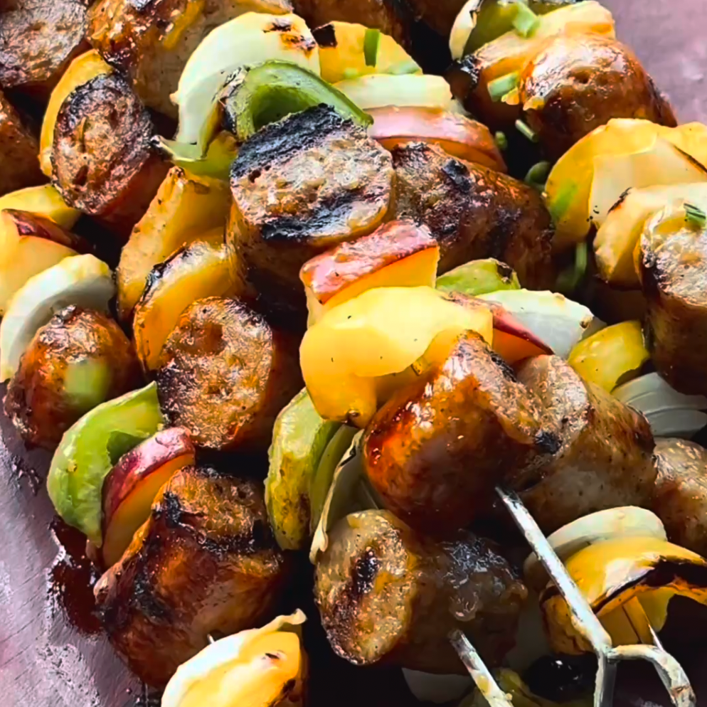 Grilled Bianco Italian Sausage and Apple Skewers with Maple Dijon Glaze