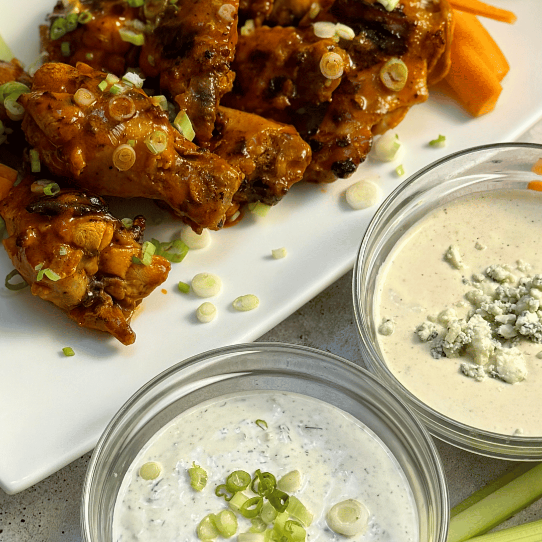 Grilled Buffalo Wings with Blue Cheese and Ranch Dressing