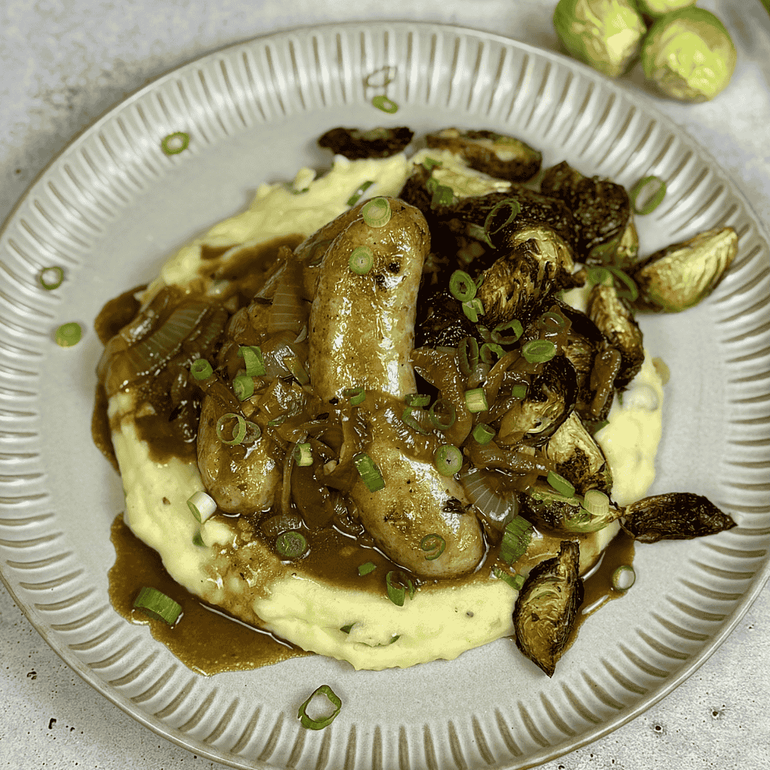 Irish Bangers & Mash with Chicken Sausage and Guinness Gravy