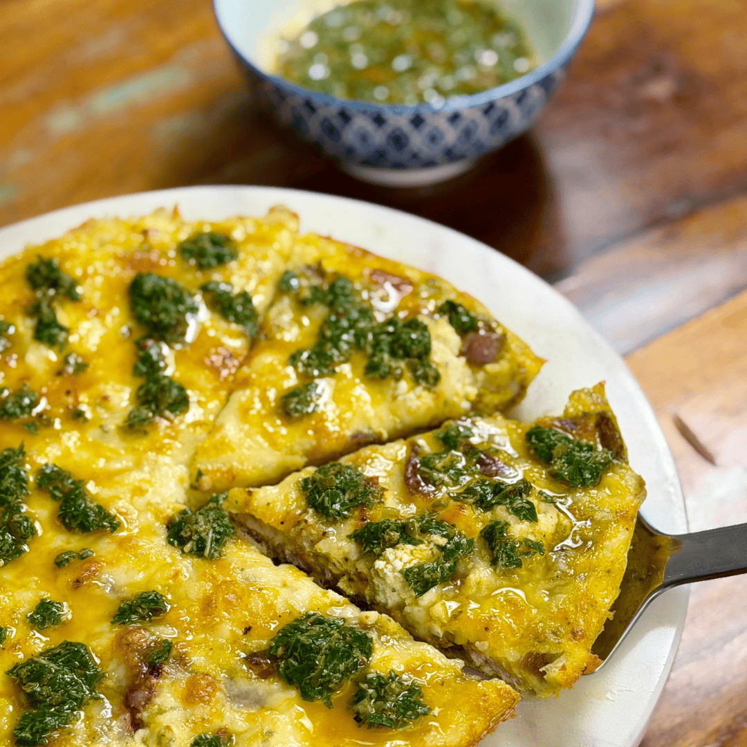 Breakfast Frittata with Chicken Sausage, Peppers, Potatoes, and Salsa Verde