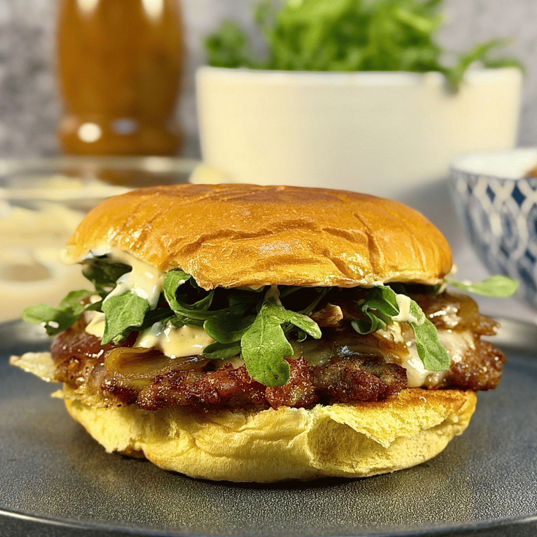 French Onion Sausage Smash Burgers with Caramelized Onions & Swiss
