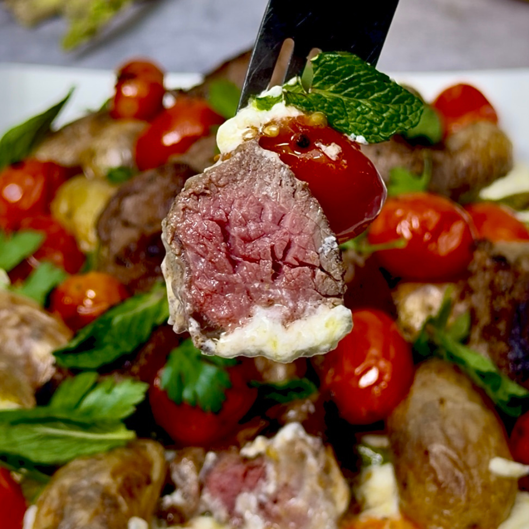 Greek Lamb Tips with Whipped Feta, Roasted Potatoes & Asparagus