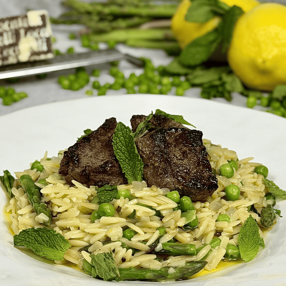 Creamy Spring Orzotto with Greek Style Lamb Tips